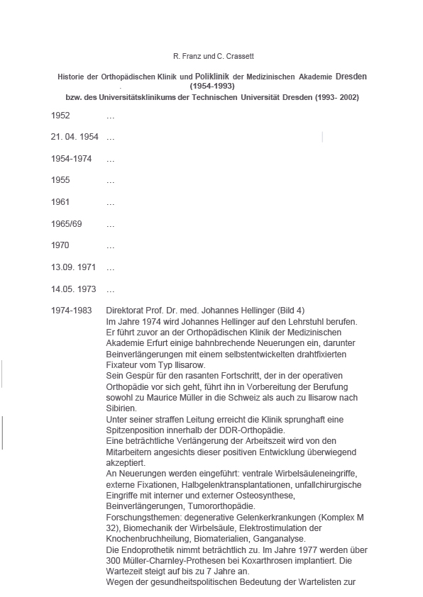 Auszug aus der Historie der Orhopädischen Klinik und Poliklinik der Medizinischen Akademie Dresden